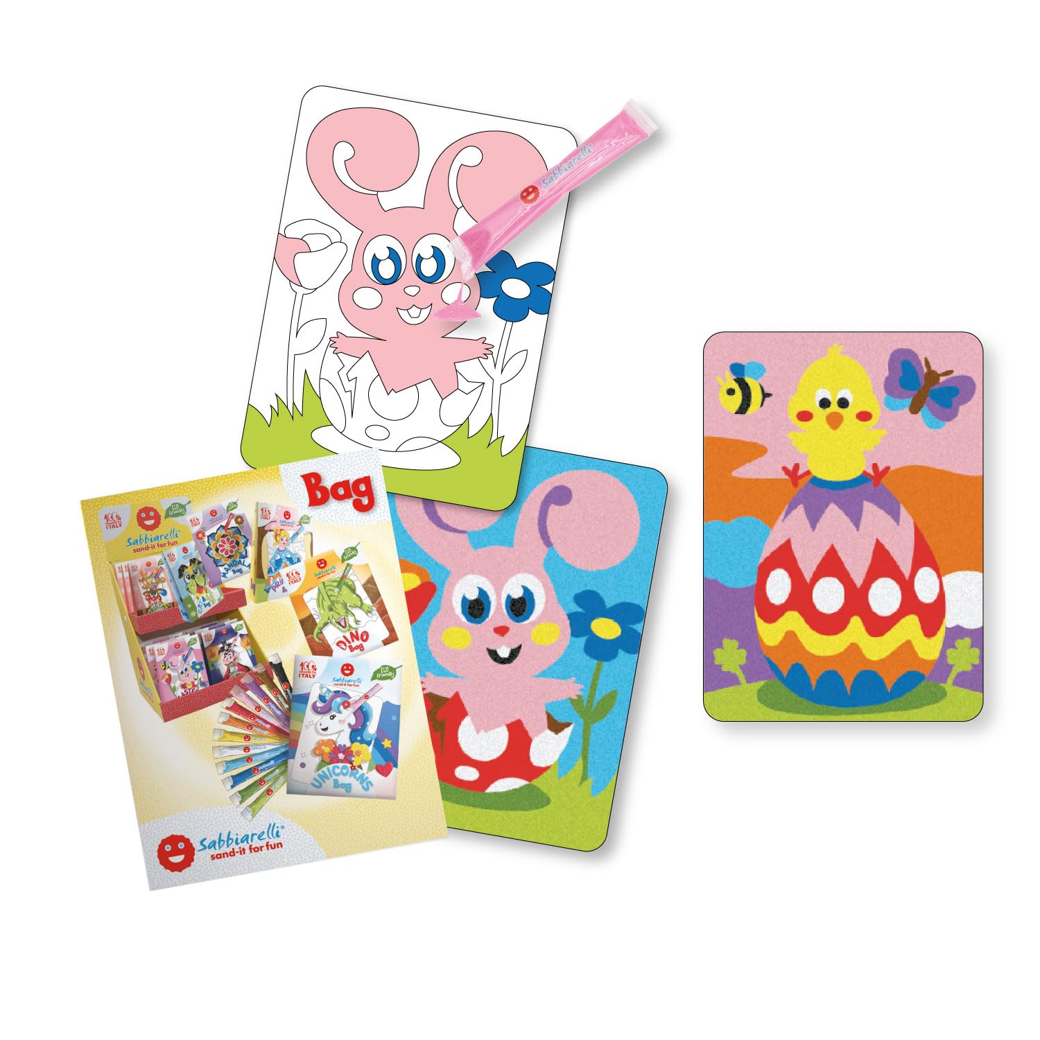 Sabbiarelli Sand-it For Fun - Bag Easter - Mini Set Lavoretti Creativi: Colora con la Sabbia i disegni dedicati alla Pasqua, 12 colori, Lavoretti Pasqua Bambini Anni 5+