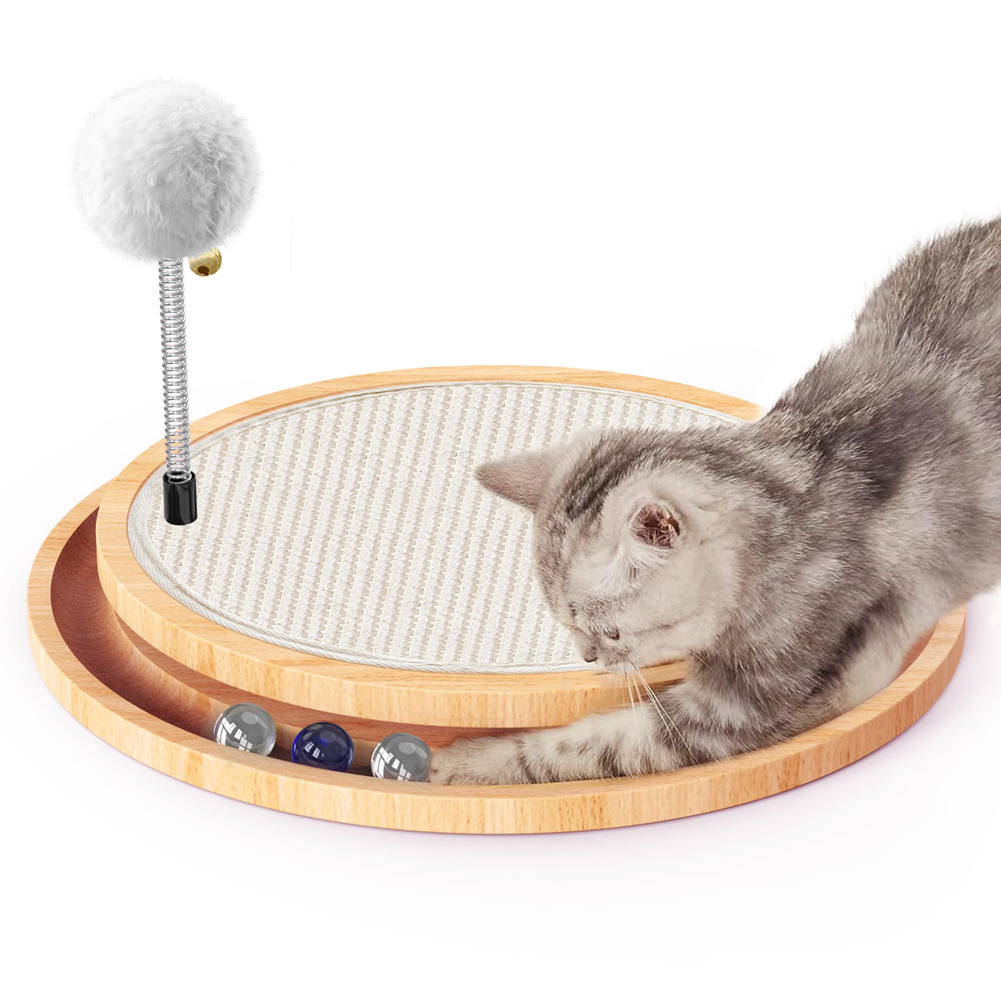 FURJOY Tappetino Tiragraffi In Sisal Naturale Con Torre Giocattolo E Palline A Molla – Gioco Interattivo Per Gatti, Legno Stabile