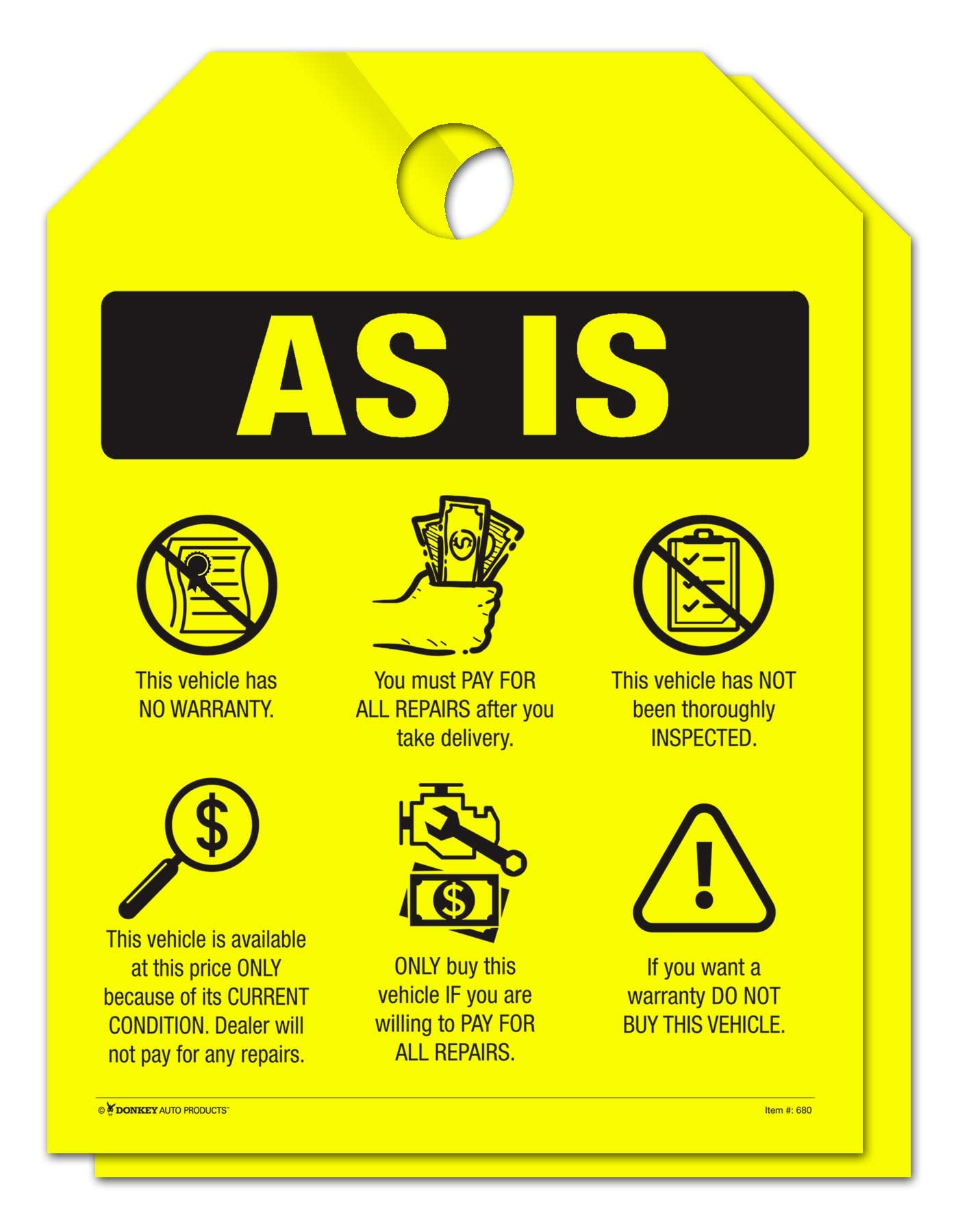 Donkey Auto Products - As Is - Vehicle Has No Warranty - Hang Tag Sign (50 Pack) (Fluorescent Yellow)