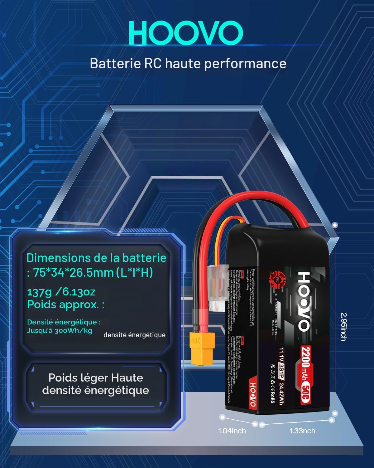 3S Shorty Lot de 2 batteries Lipo 11,1 V 2200 mAh 50C SoftCase XT60 Fiche