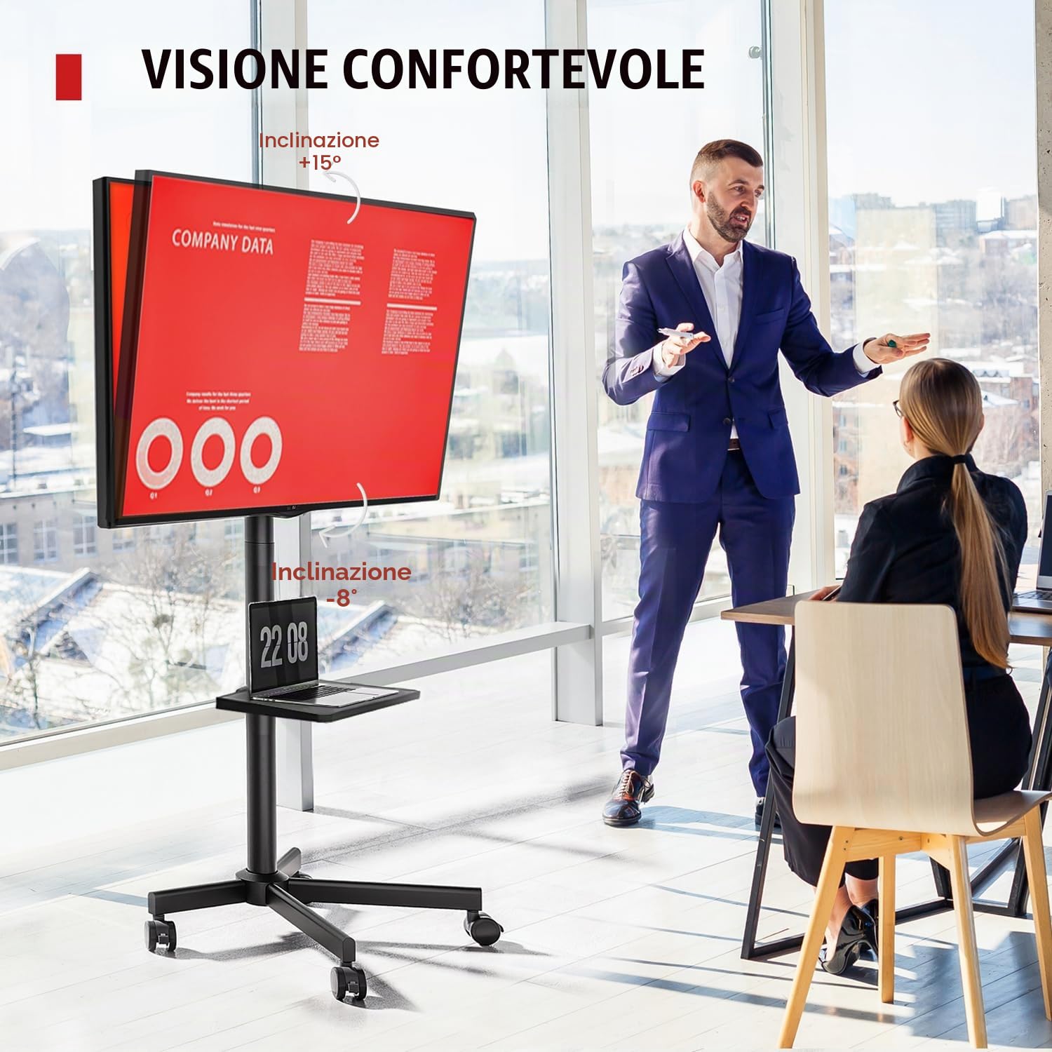 AOKCOS Carrello Porta TV con Ruote per 32-65 Pollici, Supporto TV da Pavimento Altezza Regolabile Inclinabile, Mobile Porta TV da Terra Max VESA 400x400mm 40kg