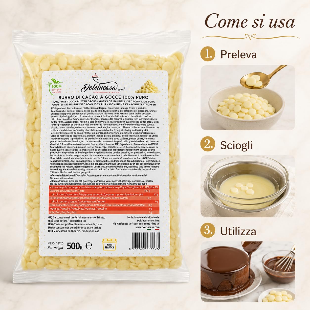 Dolcincasa Burro di Cacao a Gocce 100% Puro 500 g, per Cioccolato, Dolci da Forno, Biscotti, Frolle, Croissant e Pasticceria