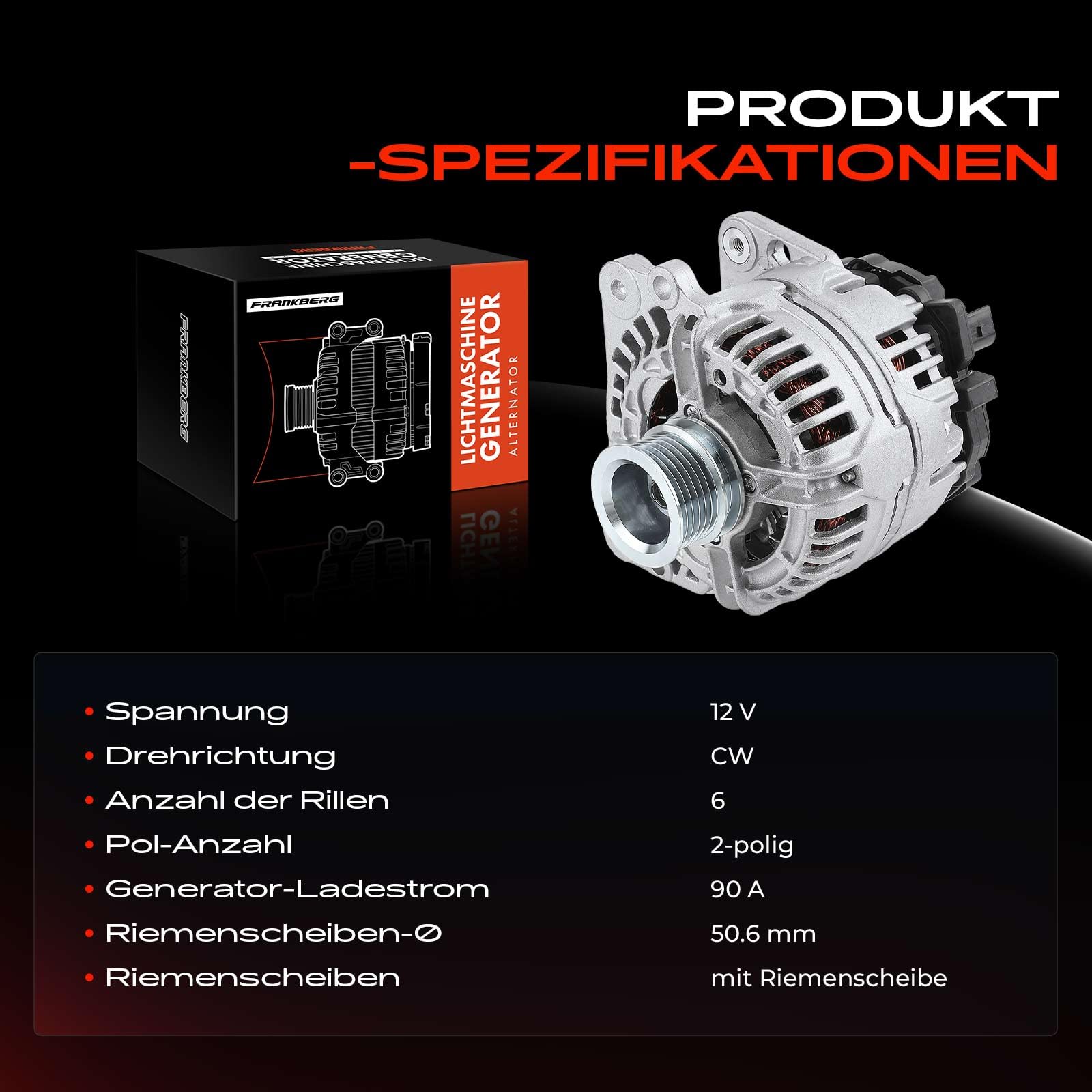 Frankberg Lichtmaschine Generator 90A Kompatibel mit A.l.h.a.m.b.r.a 7V8 7V9 2.0L 1999-2000 Cordoba 6L2 1.4L 1.6L 2002-2009 Polo 6N2 1.0L-1.6L 1999-2001 Replace# 037903025M