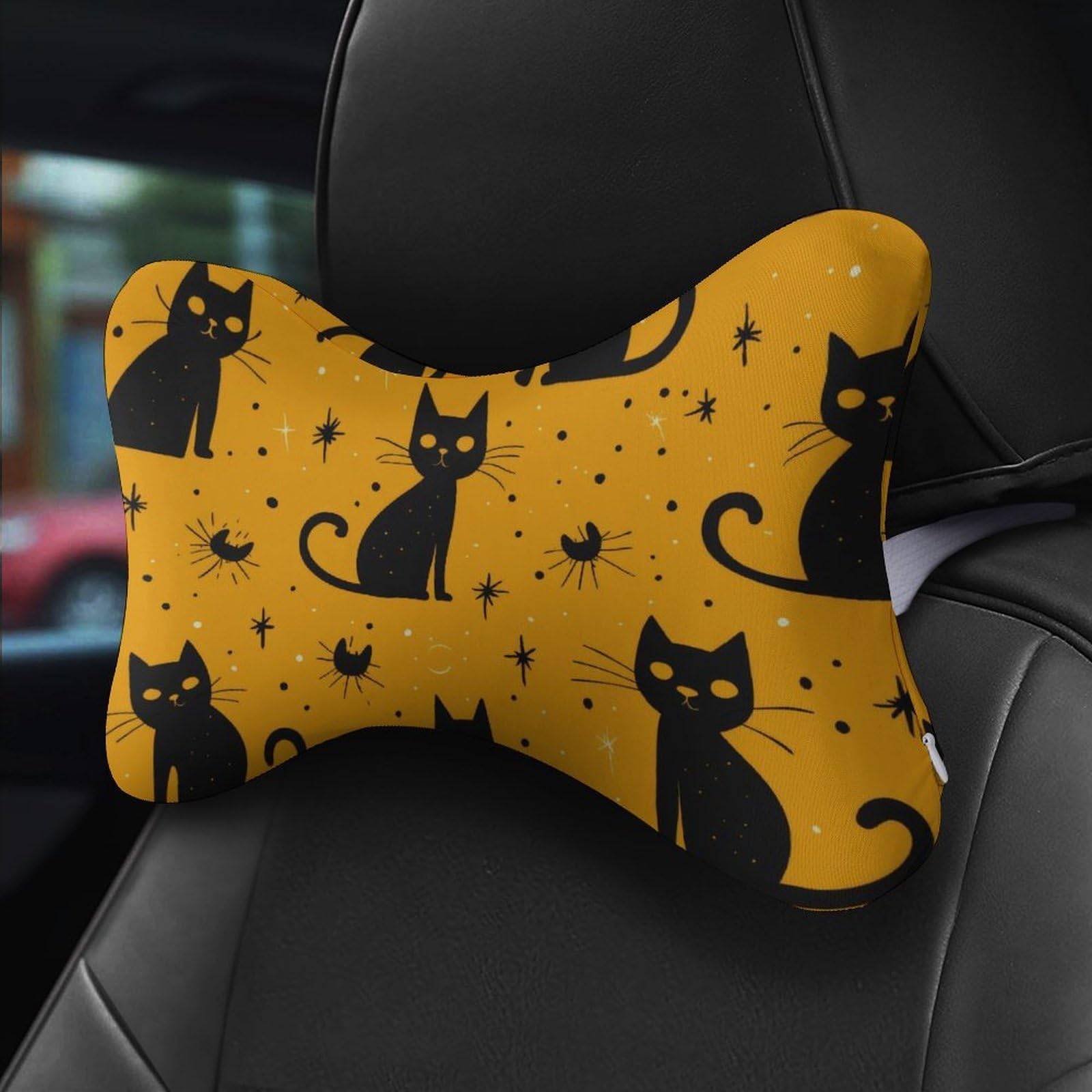 SMAZDFXX Halloween Black Cat Car Neck Pillow Set of 2 Car Seat Head Support Cushion Bone Pillows with Elastic Strap