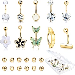 Belly Button Ring Surgical Steel Belly Button Piercing CZ Belly Ring Flower Navel Ring Clicker Belly Button Ring Butterfly Belly Piercings Pack for Women with Box Replacement Balls