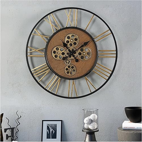 Reloj de pared grande con engranajes móviles reales, reloj de pared de número romano de 24 pulgadas, moderno reloj de pared decorativo de metal de