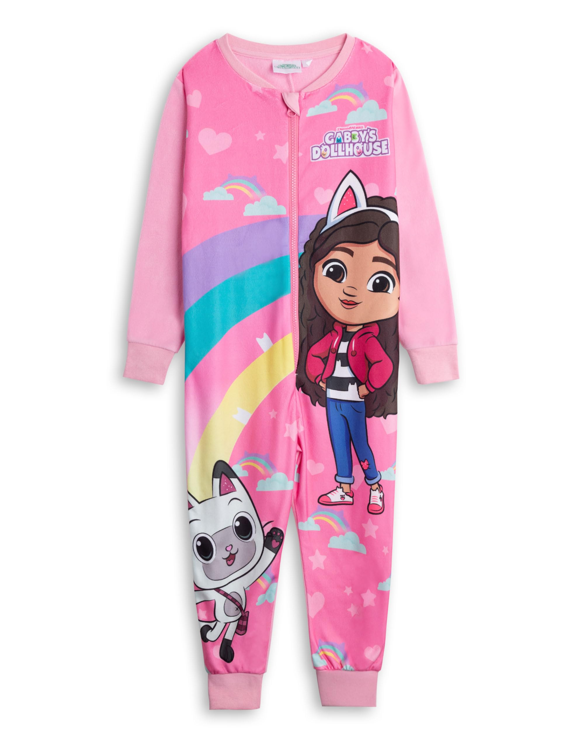 DREAMWORKS GABBY'S DOLLHOUSE Gabby's Dollhouse Gabby and Pandy Paws Girls Pink Zip-Up Onesie | Microfleece Loungewear & Sleepwear | Gabby's Dollhouse Merch - 3-4 Years