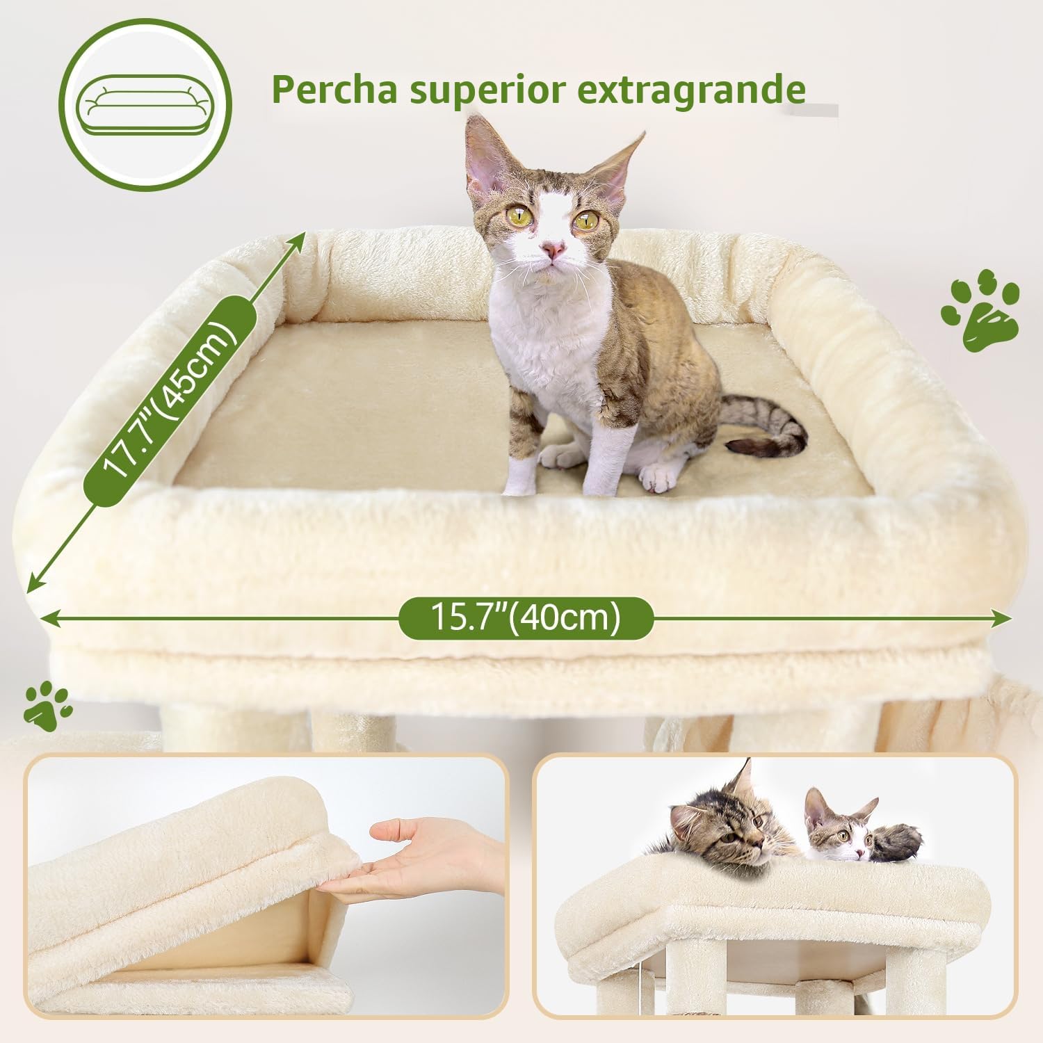 Globlazer Árbol Rascador Grande Beige Estable con Bases 72 * 45CM, 2 Grandes Nidos, Plataformas Acolchada Superior, Felpa Cesta, Rascador Alto 156 cm para Gatos Grandes Descansar Jugar (F61, Beige) | Árbol para gatos con 2 columnas para rascar de sisal, f