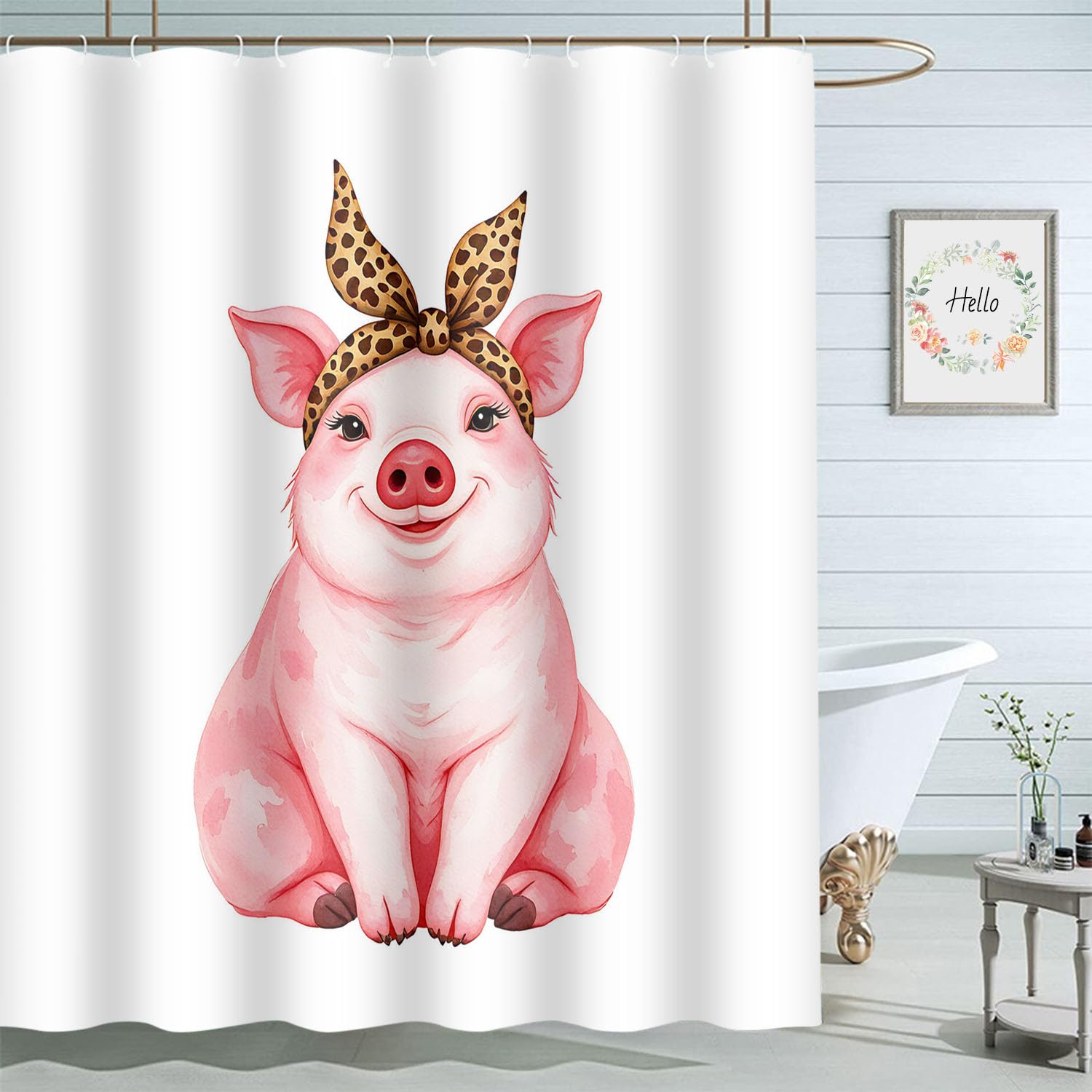 Moslion Pig Bath Shower Curtain Set Farm Animal Funny Cute Piggy Wearing Leopard Bandana Shower Curtains Home Decorative Extra Long Polyester Fabric