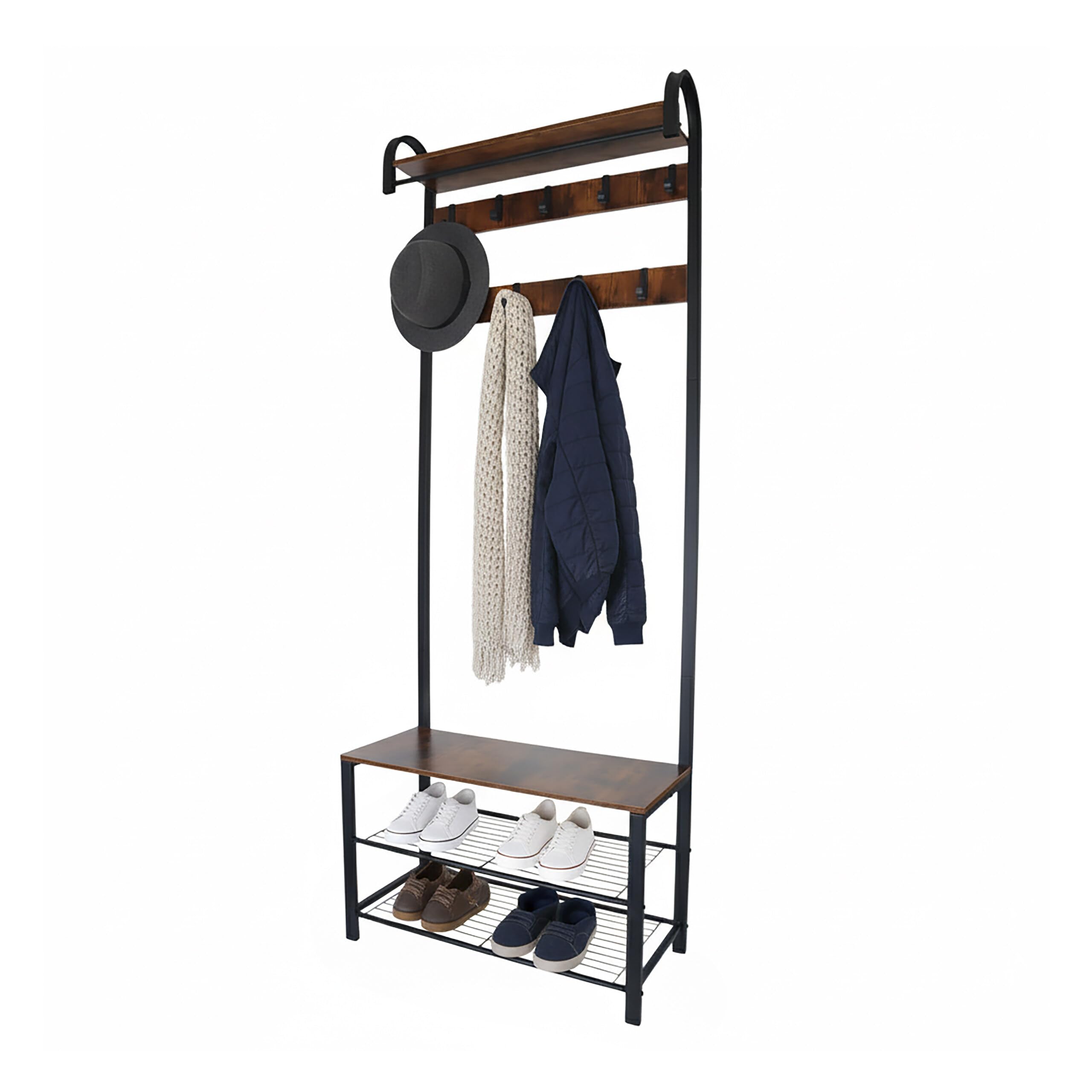 Relaxdays Perchero con Banco Zapatero de 2 estantes, 9 Ganchos, repisa Sombreros, 182 x 69 x 30 cm, Negro/marrón