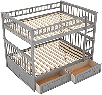 Vista 152 de Harper & Bright Designs Litera de tamaño matrimonial sobre matrimonial con 3 cajones, litera de madera maciza con almacenamiento y riel