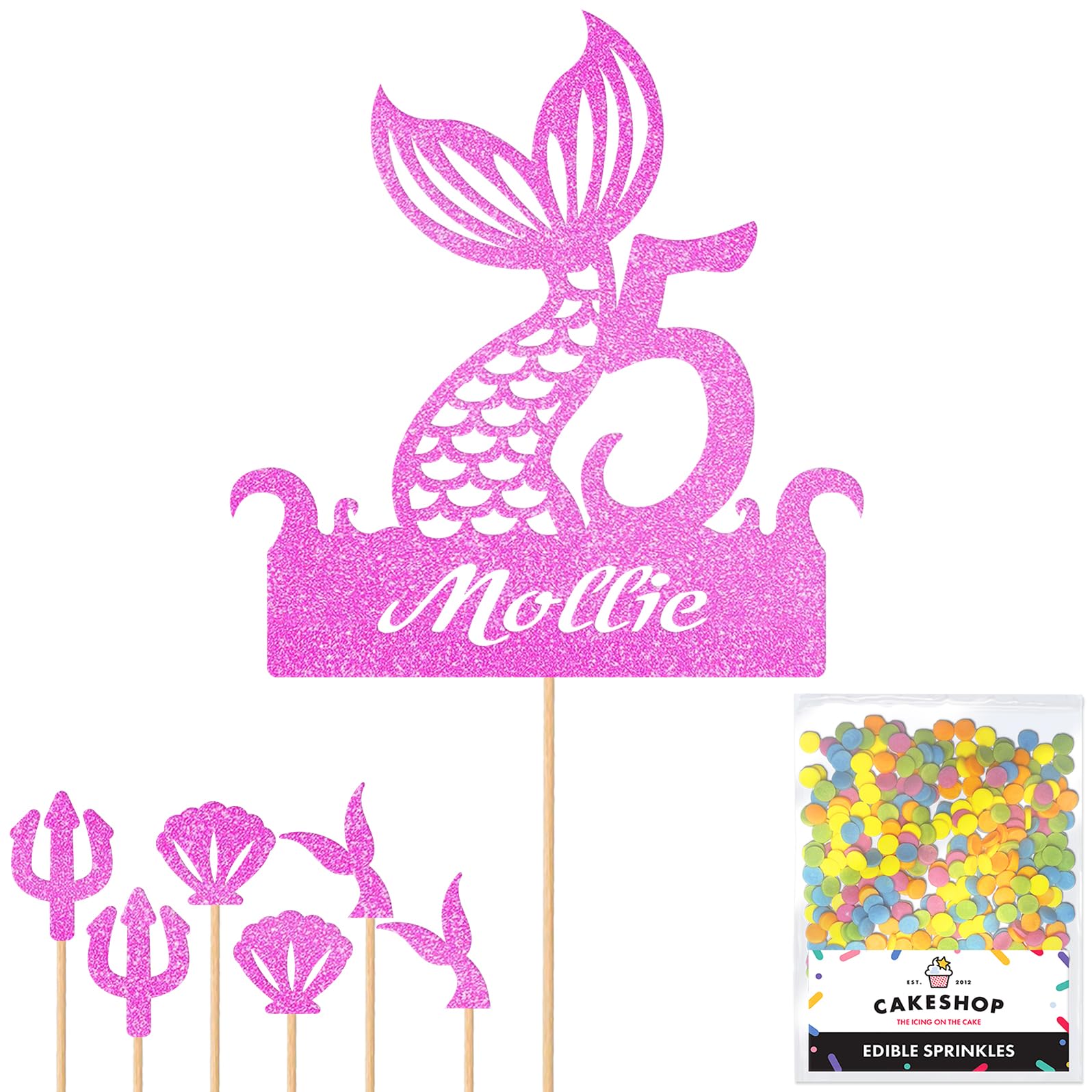Personalised Birthday Mermaid Tail Glitter Cake Topper Lt Pink Any Custom Age & Name Glitter Cake Decoration and Sprinkles - Happy Birthday Decorations - Personalised Toppers for Cakes by Cakeshop