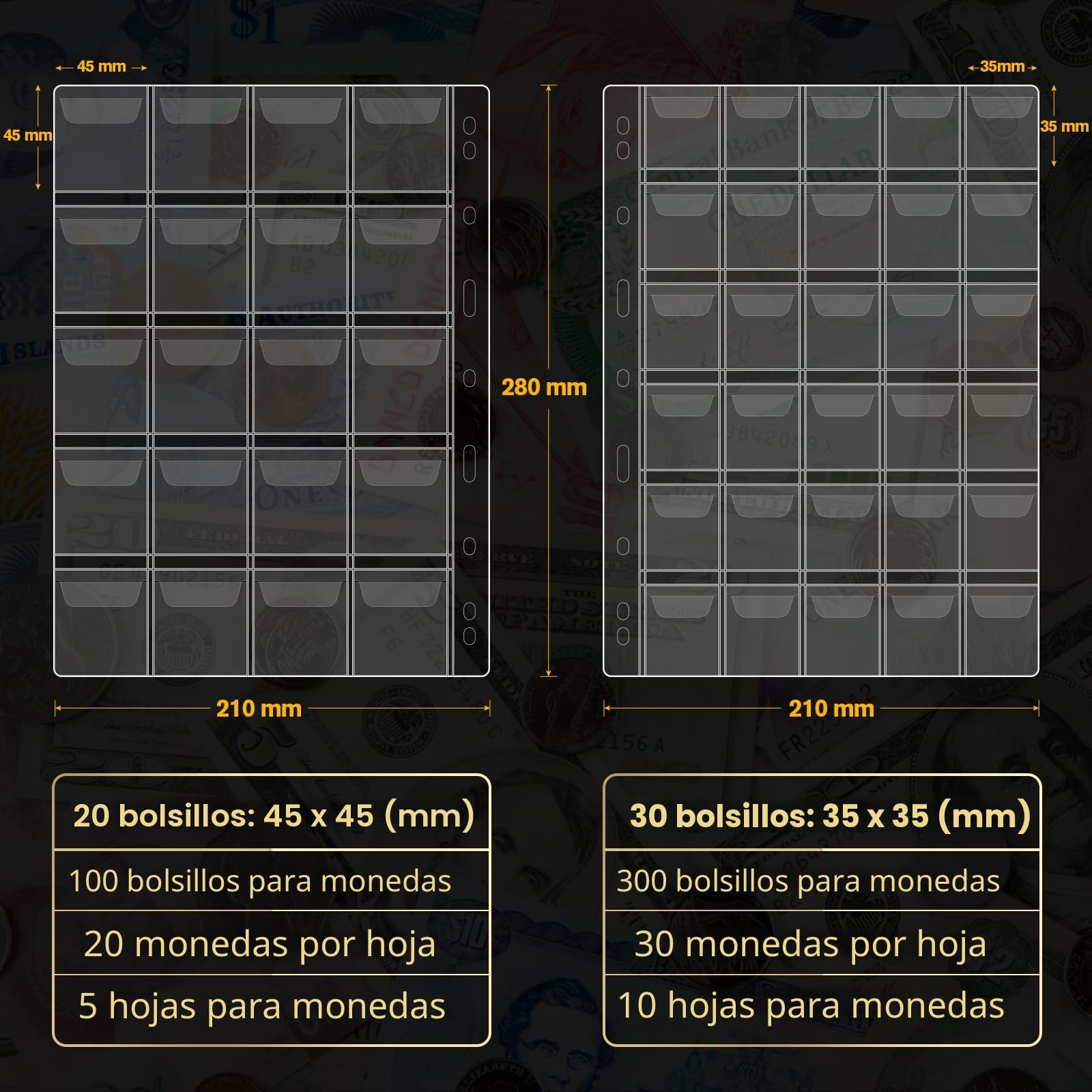 JoyHood Soporte para álbum de colección de monedas – 400 bolsillos para monedas + 15 bolsillos para billetes, organizador de monedas para monedas de 20/25/27/30/38 mm