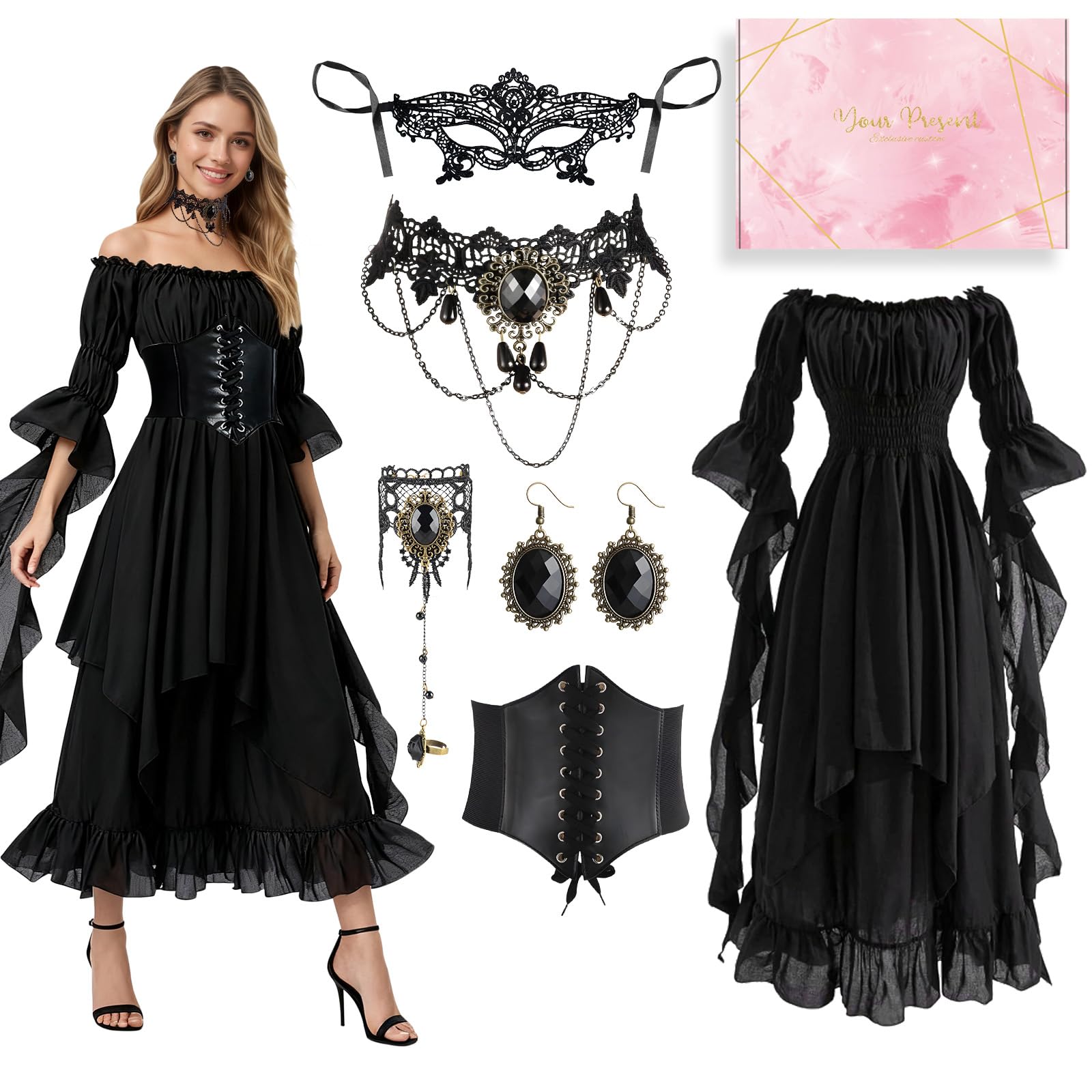 Gothique Maille Robes Longues, Épaules Dénudées Robes Longues à Lacets, Robe Médiévale pour Femme À Manches Trompette Style Victorien, Renaissance, Gothique Costume pour Carnaval, Halloween, Fête