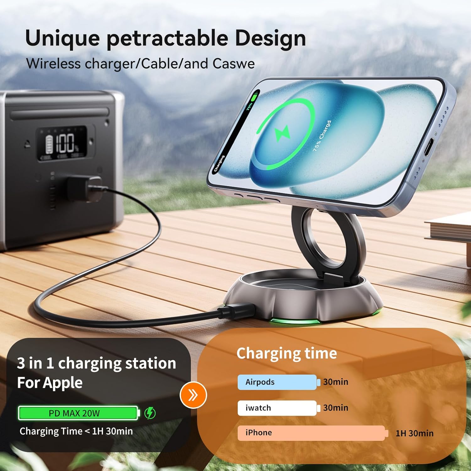 Foldable Wireless Charger for Apple,3 in 1 Charging Station, 20W Max Fast Charging, Foldable Wireless Charger for iPhone 16/15/14/13, Apple Watch S1-10/Ultra, AirPods-No Support Case