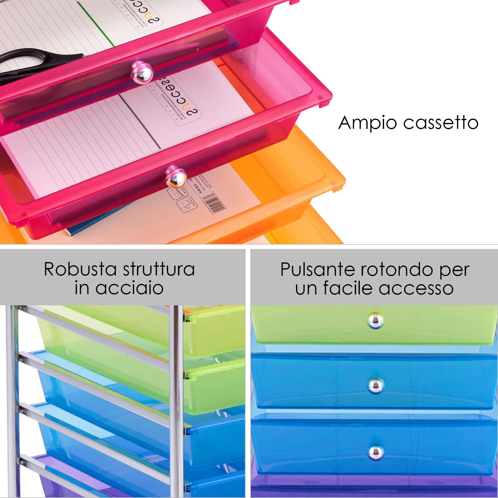 COSTWAY Carrello con 10 Cassetti da Stoccaggio, Cassettiera di Metallo e Plastica, Contenitore Multiuso con Ruote a Freno, per Casa e Ufficio (Multicolore)