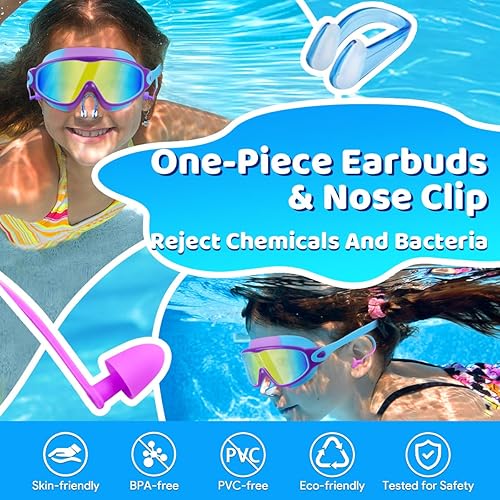 Miniatura 6 de Vvinca Gafas de natación para niños, con tapones para los oídos y clip para la nariz, visión amplia, antivaho y UV, para niños y niñas de 3 a 15