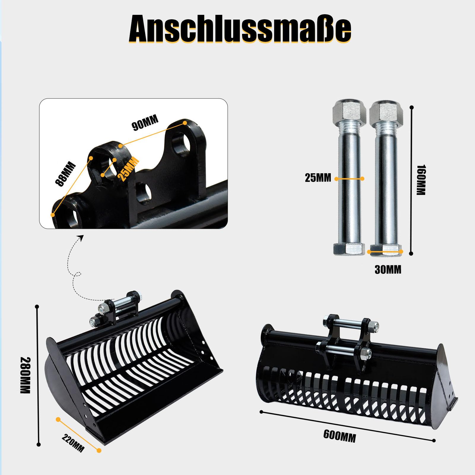 Siebschaufel Minibagger 60 cm, 800-1800 kg Sieblöffel | Manganstahl, 2,5 cm Sieböffnung, inklusive Pins, für Trennung von Erde, Sand, Steinen und grobem Material