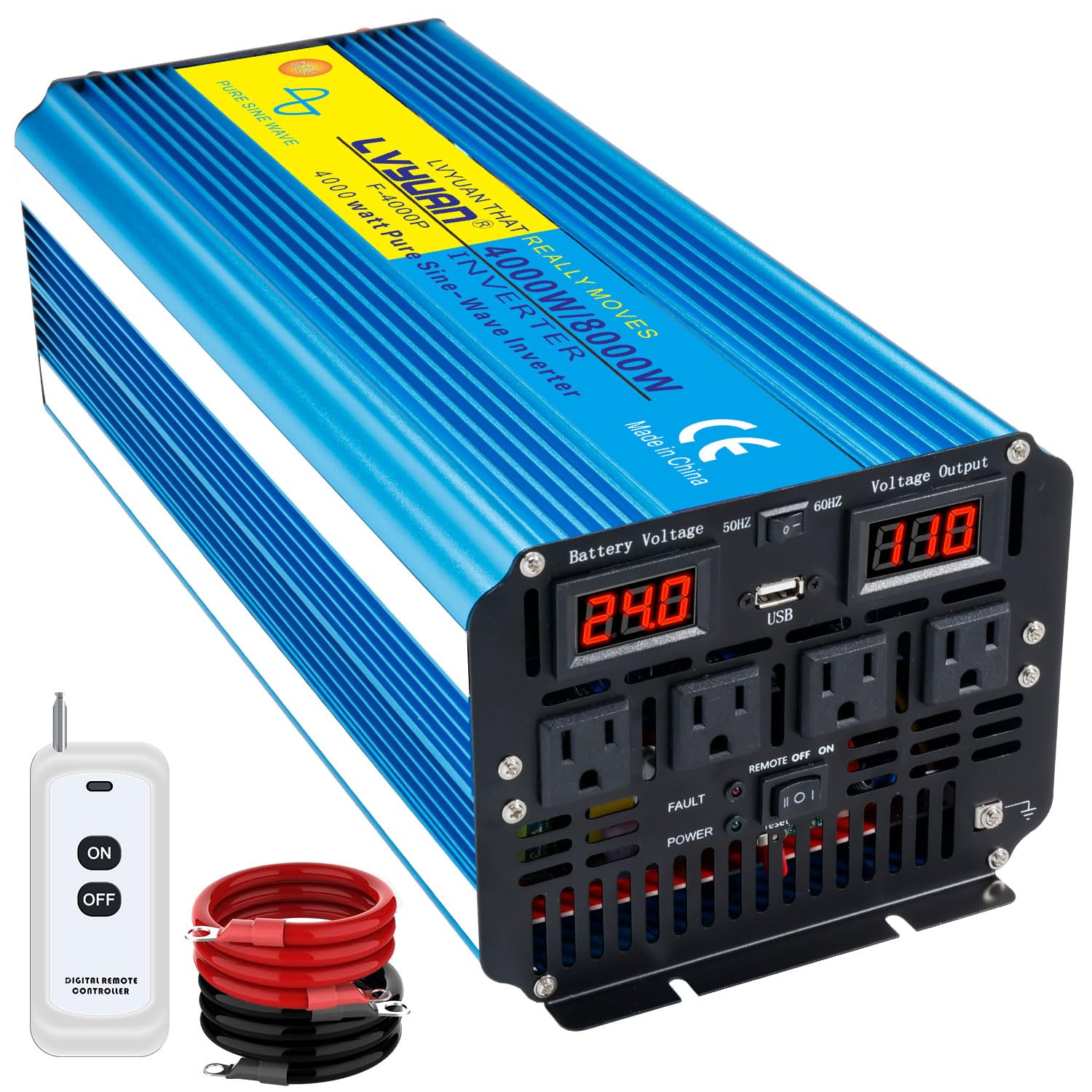 Yinleader 4000W Pure SINE Wave Power Inverter DC 24V to 110V/120V AC Converter w/Wireless Remote Control LED Display 1 USB Port, 4 AC Outlets for RV Truck Solar System Emergency