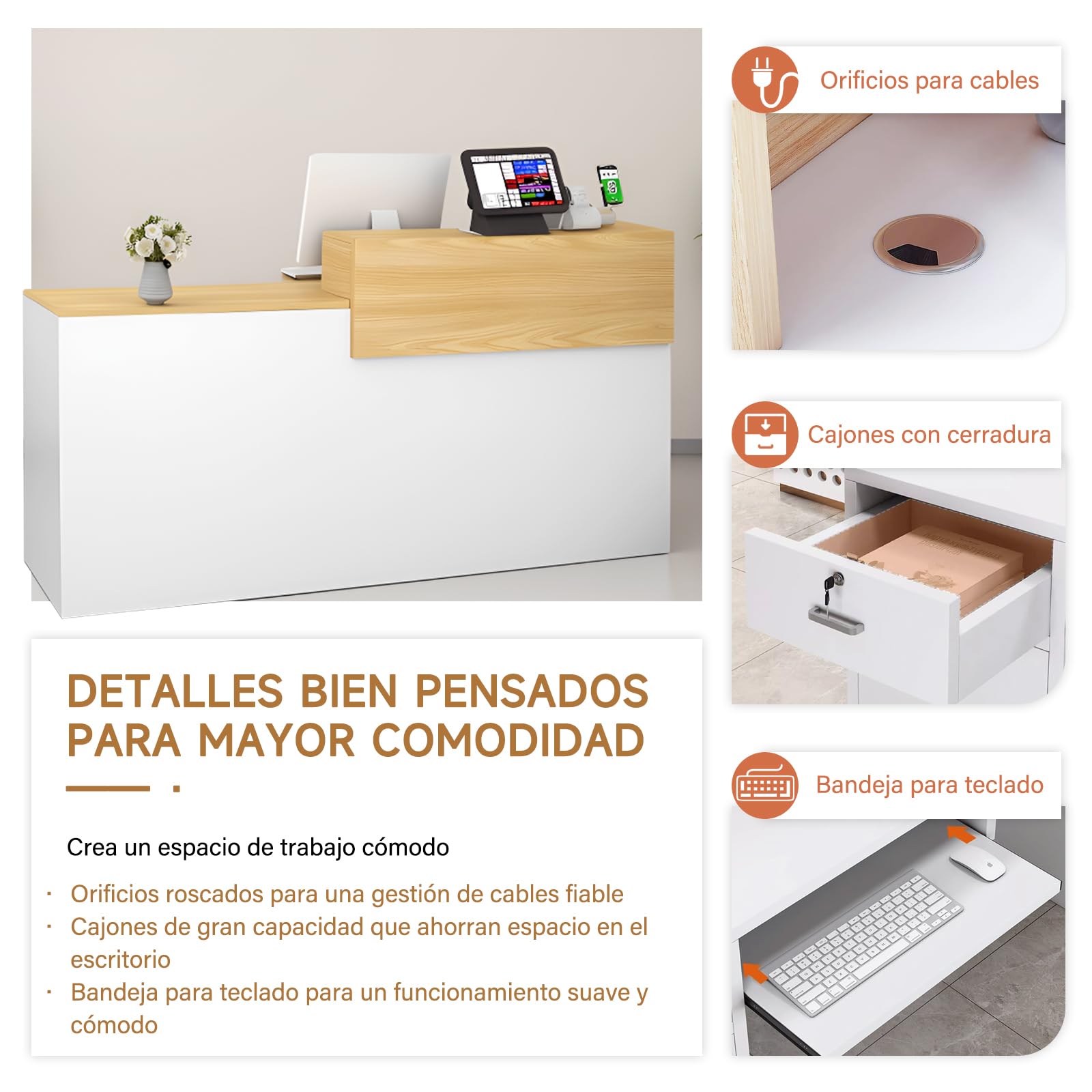 Mostrador de Recepción Moderno de MDF, 100–240 cm, con Cajón y Estantes Abiertos, Mueble de Oficina para Tiendas, Salones, Consultorios y Recepciones