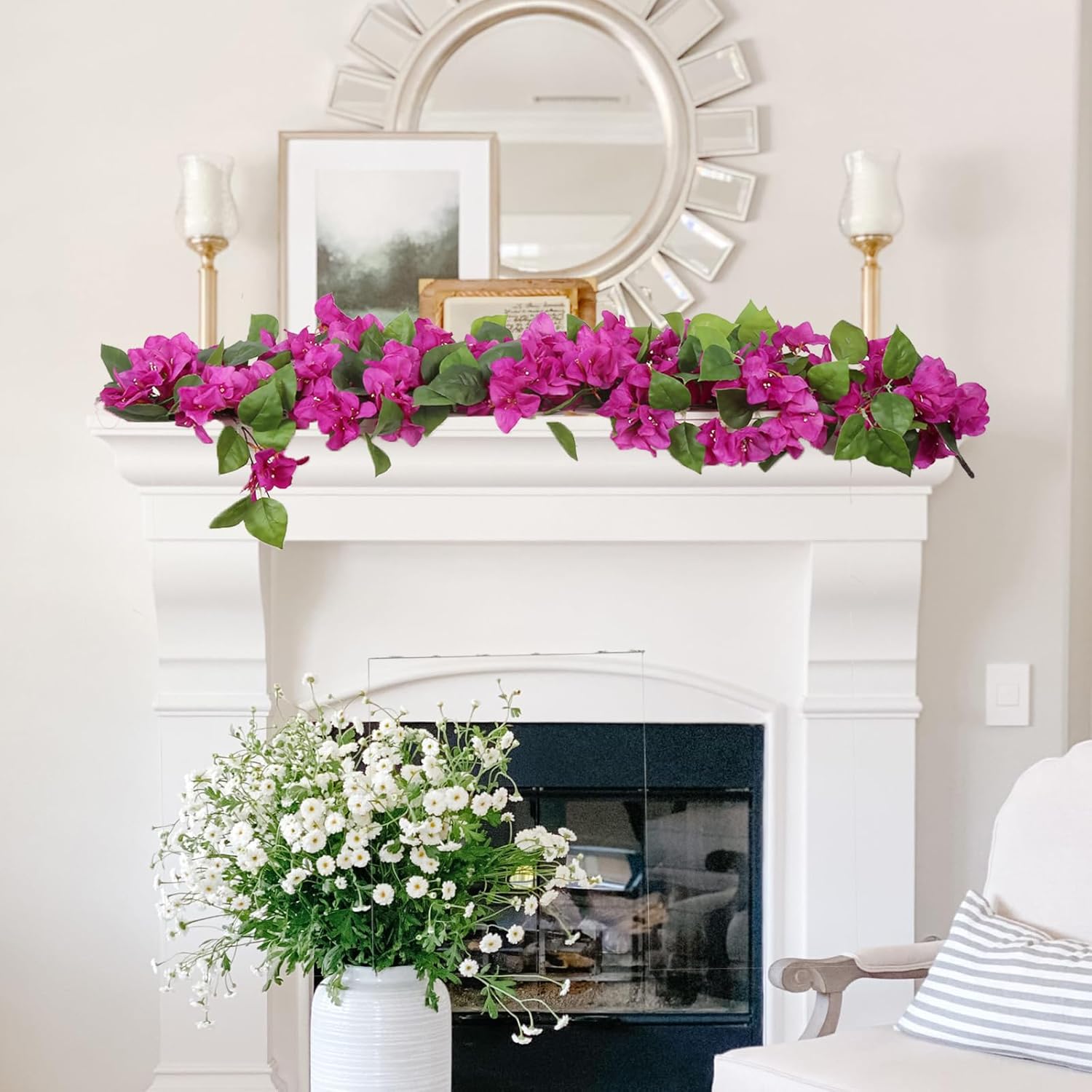 Bougainvillea Artificial Hanging Plant,2PCS Realistic Purple Silk Flower Vines 41.3" UV Resistant Fake Hanging Flowers for Outdoor Indoor Wedding Home Garden Patio Porch Decor (Purple)