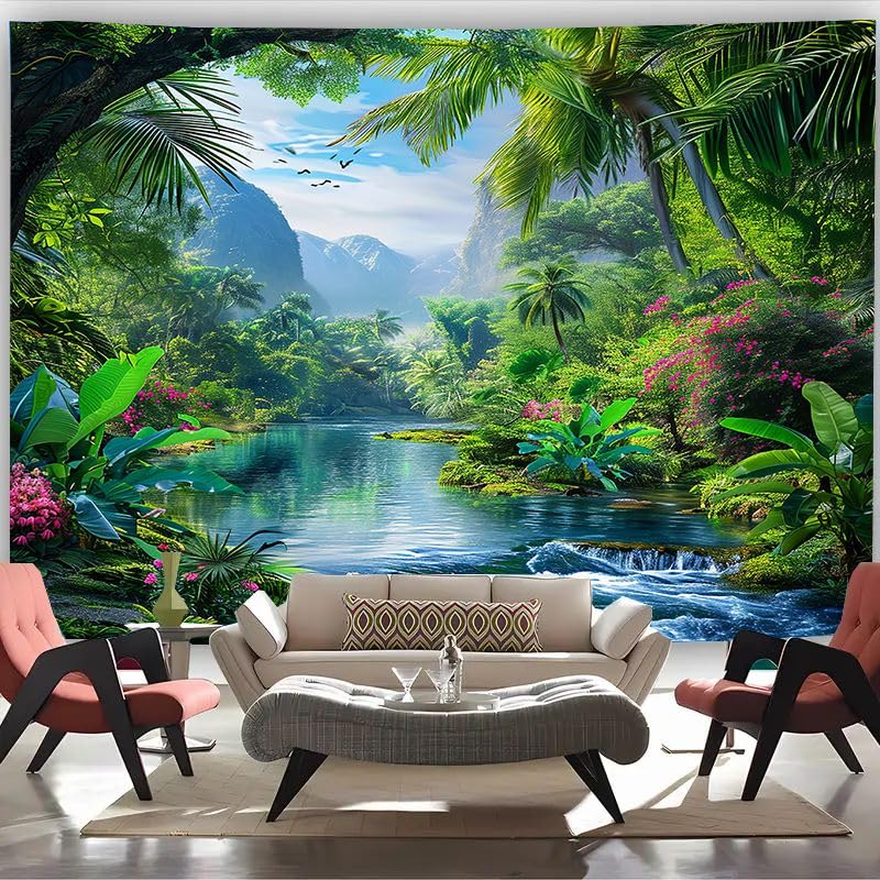 FENDROM Nature Tropical Rain Forest Tapestry Fantasy Landscape Mountain River Jungel Wall Hanging Tapestries for Bedroom Living Room Dorm - Image 2