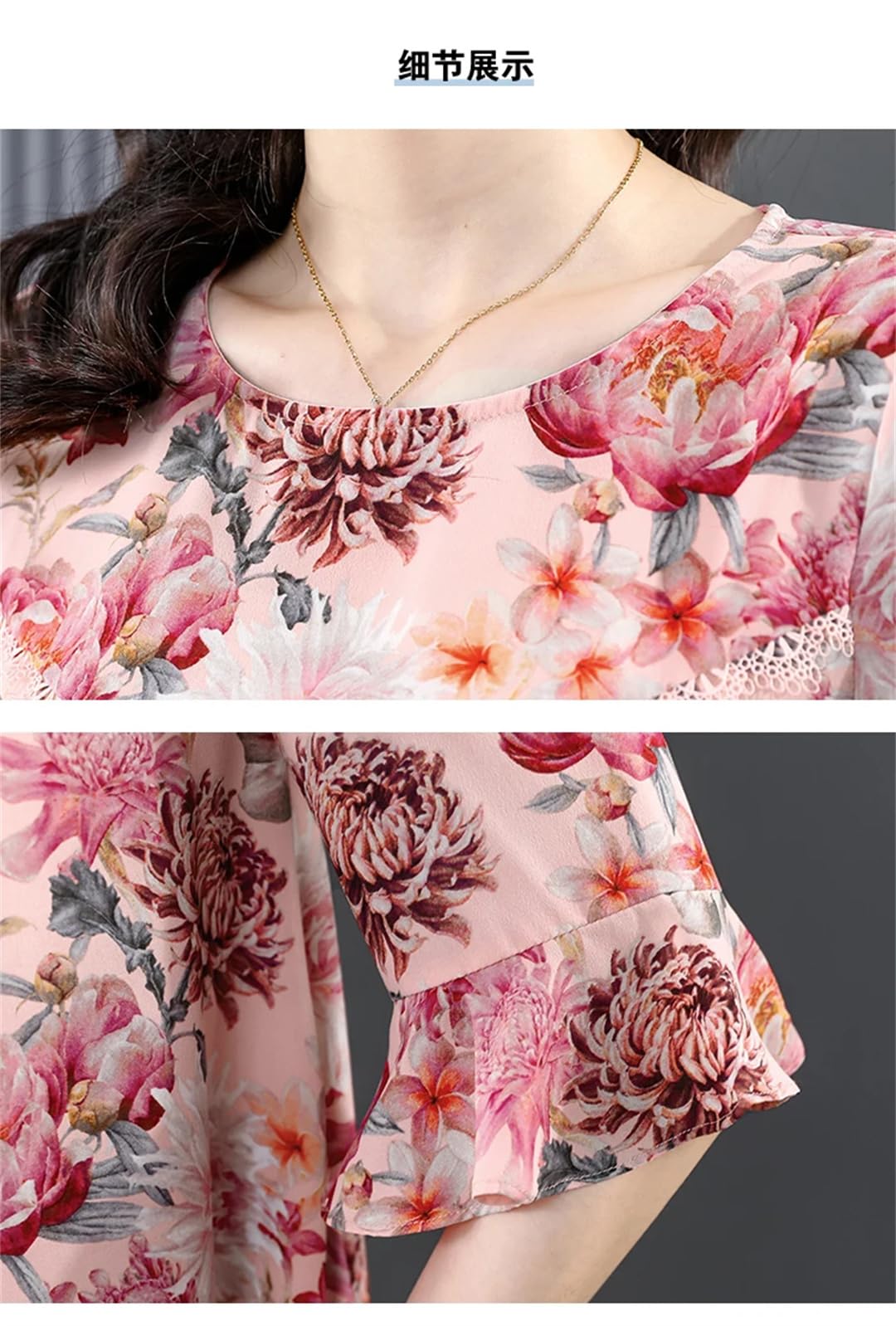 Camicia da donna in seta con stampa floreale in chiffon a maniche svasate estate O-collo sottile manica corta sottile
