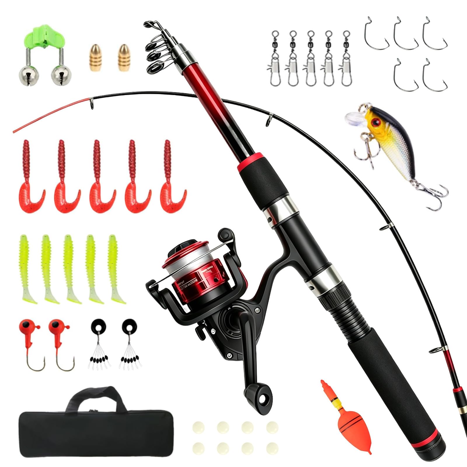 Telescopic Fishing Rod and Spinning Reel Combo,Complete Set for Beginner