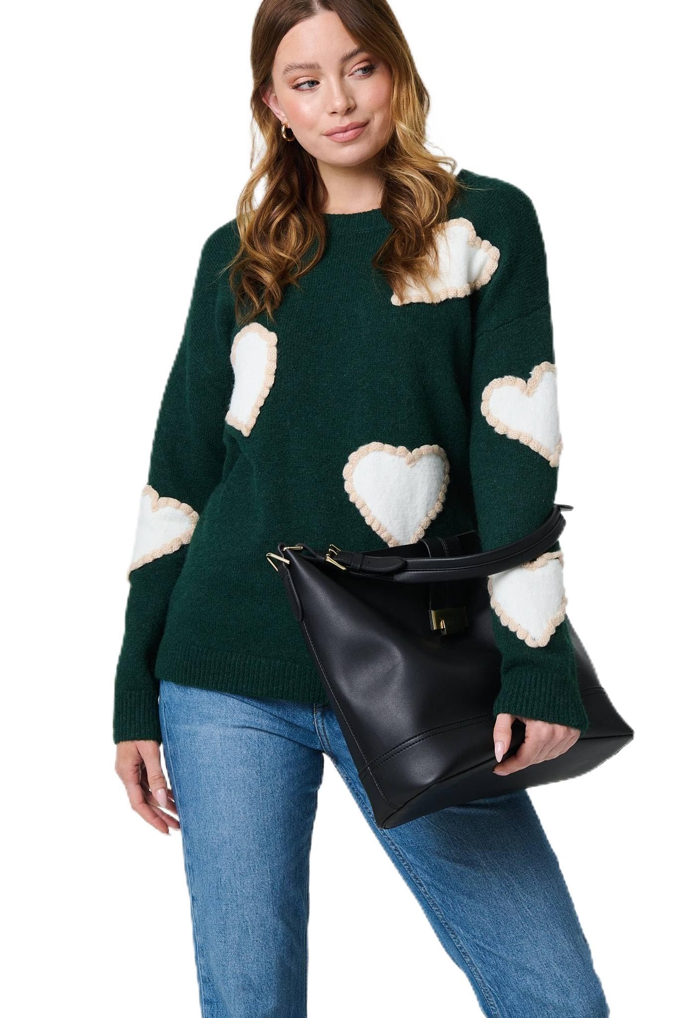 Izabel London Women's Green Heart Embellished Slim Jumper In | Size: 10