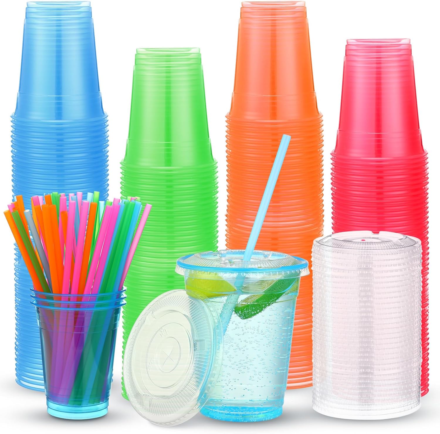 Jingmore 100 Pack 12 oz Neon Plastic Glowing Party Cups with Lids and Straws Multicolor Disposable Clear glow in the dark Cups for Blacklight Holiday Carnivals Party Cold Drinks Smoothie Coffee