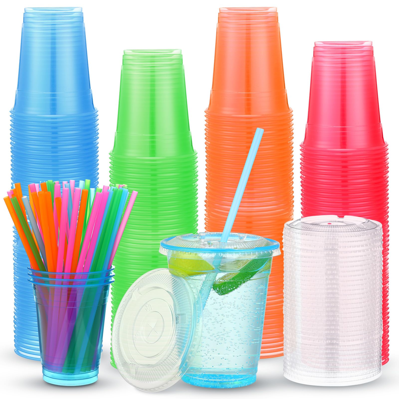 Jingmore 100 Pack 12 oz Neon Plastic Glowing Party Cups with Lids and Straws Multicolor Disposable Clear glow in the dark Cups for Blacklight Holiday