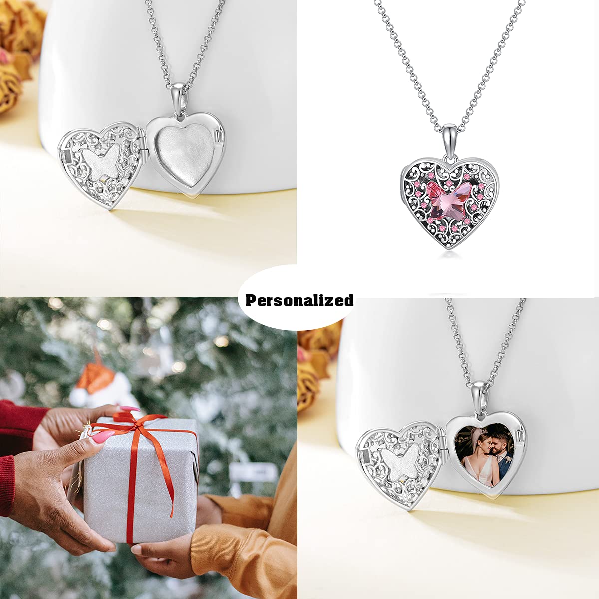 Dorunmo Médaillon en forme de cœur pour 1 photo en argent 925 avec cristal papillon avec chaîne de 45 cm avec emballage cadeau élégant pour femme, petite amie, maman, Saint-Valentin, fête, Noël, Base