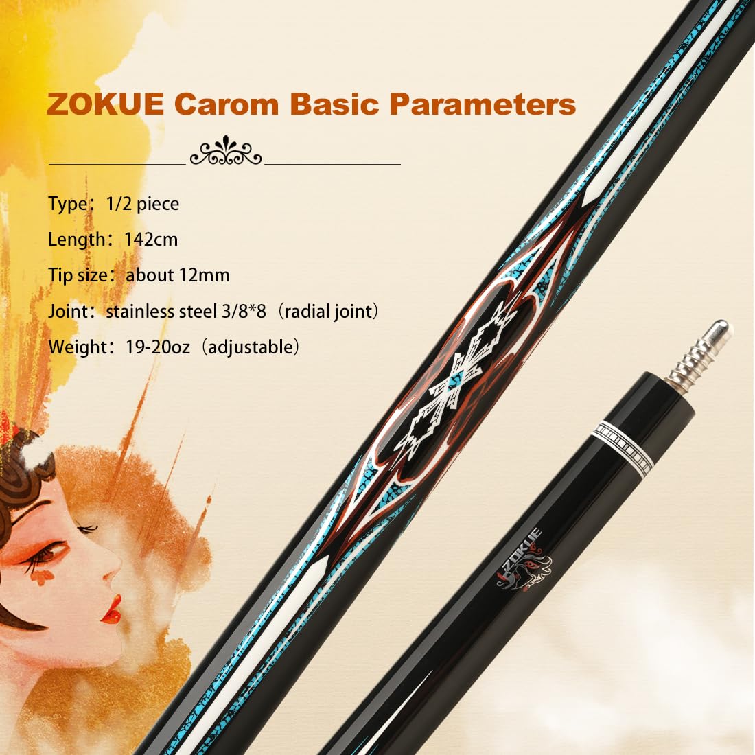 ZOKUE 3 Cushion Carom Cue Stick Two Canadian Hard Maple