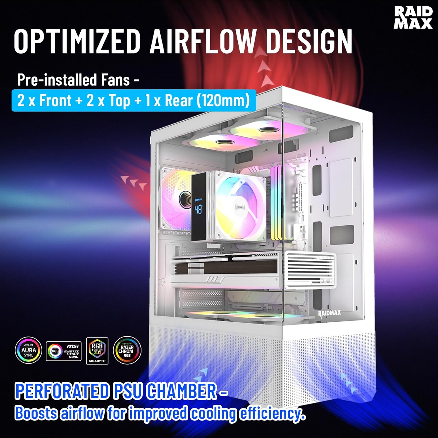 Raidmax i802 Vibe Series ATX Mid Tower Gaming Case Bundle – Tempered Glass Side Panel, Includes 700W 80+ Power Supply, AM1204 Digital Display Air Cooler, and 5 Pre-Installed FRGB Fans (White)