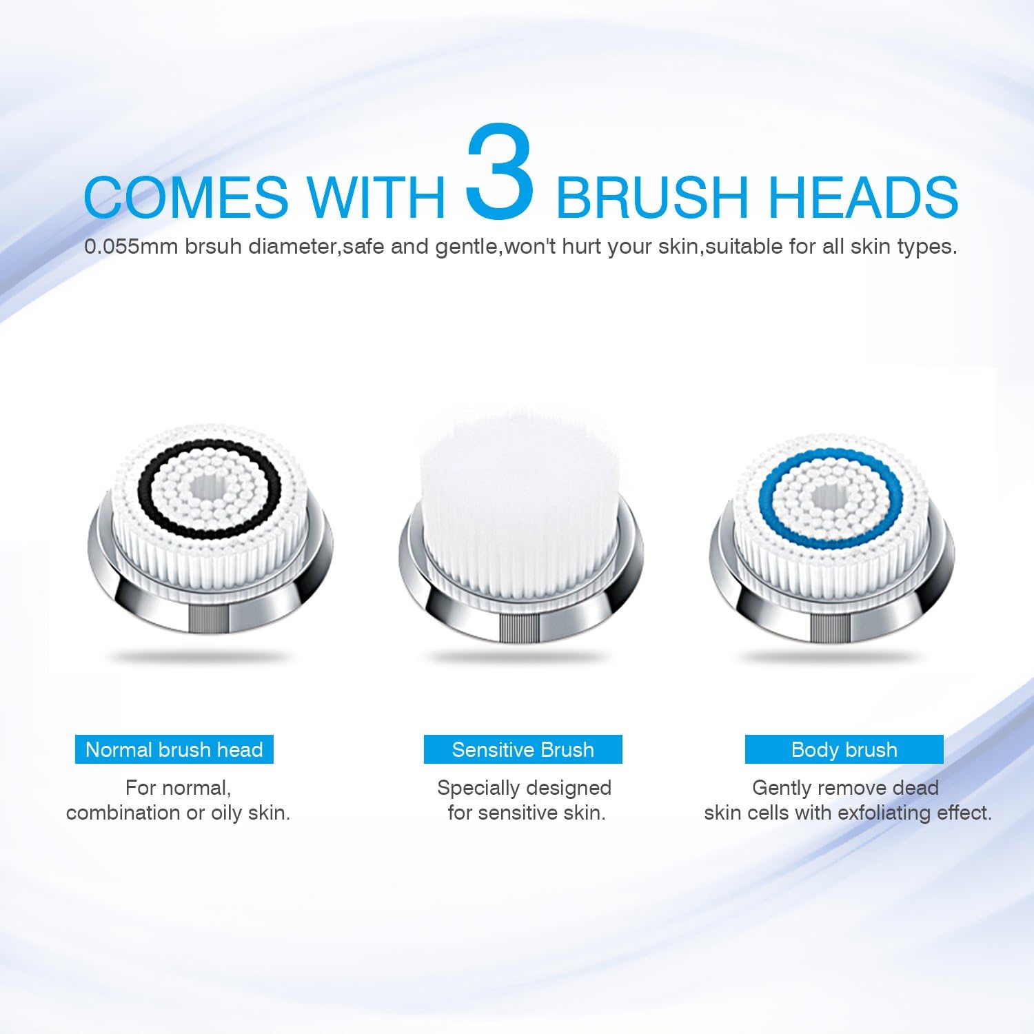 Three distinct brush heads for the Hangsun SC200: normal, sensitive, and body brush