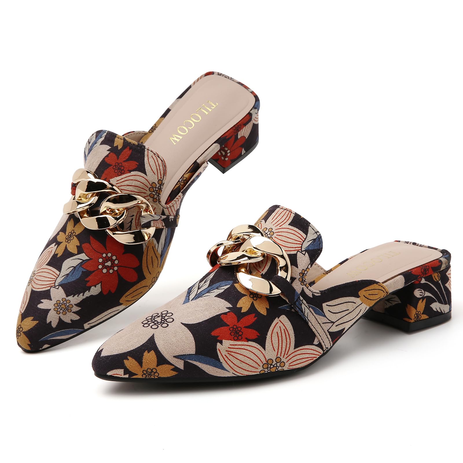 Tilocow Metal Chain Heeled Mules for Women Closed Toe Slip On