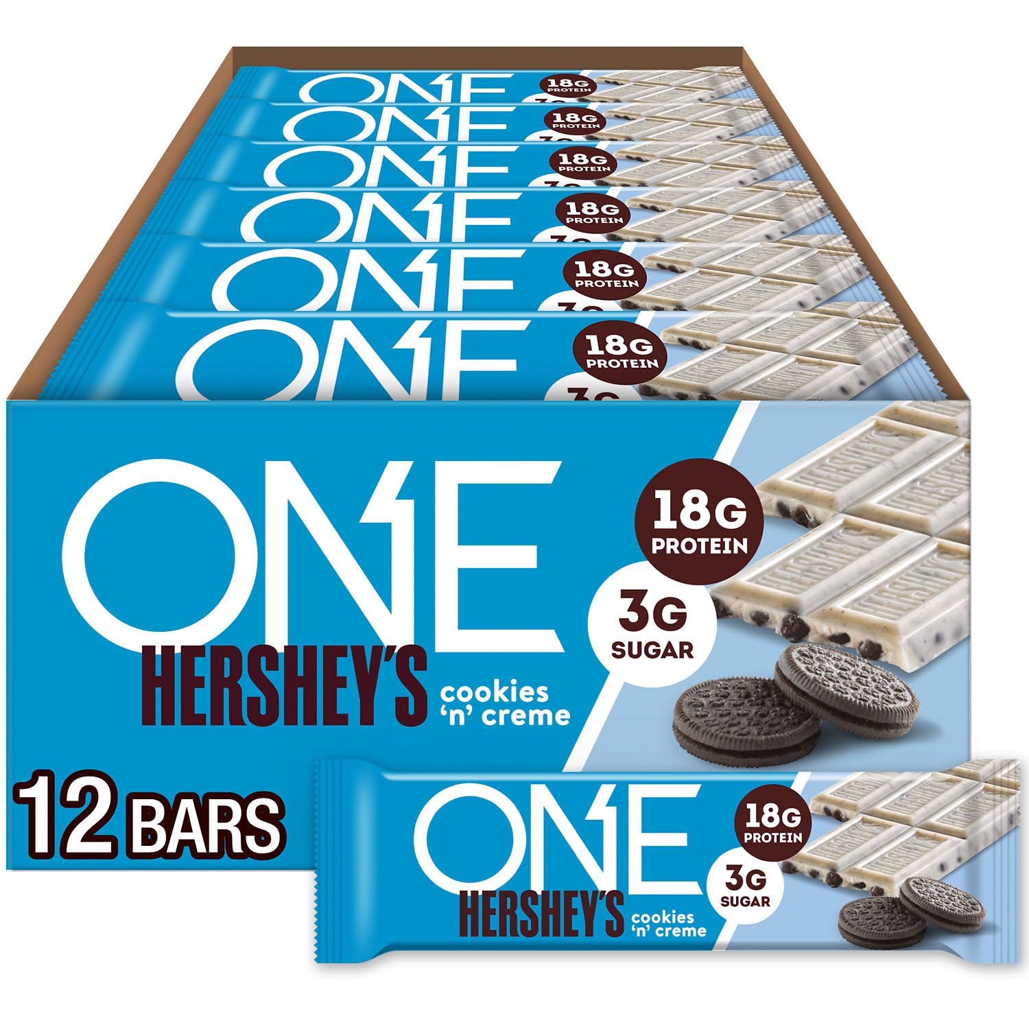 ONE Protein Bars, Cookies 'N' Cream, Gluten Free with 18G Protein & 3G Sugar, Pantry Basics, 2.12 Oz (12 Count)