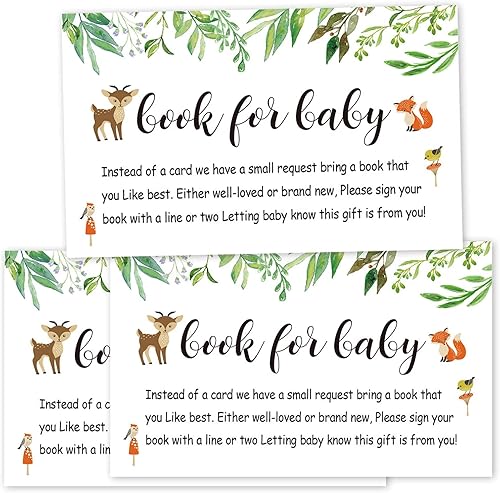 Paquete de 50 libros para tarjetas de solicitud de baby shower, libros florales de bosque para tarjetas de inserción de bebé, insertos de invitación