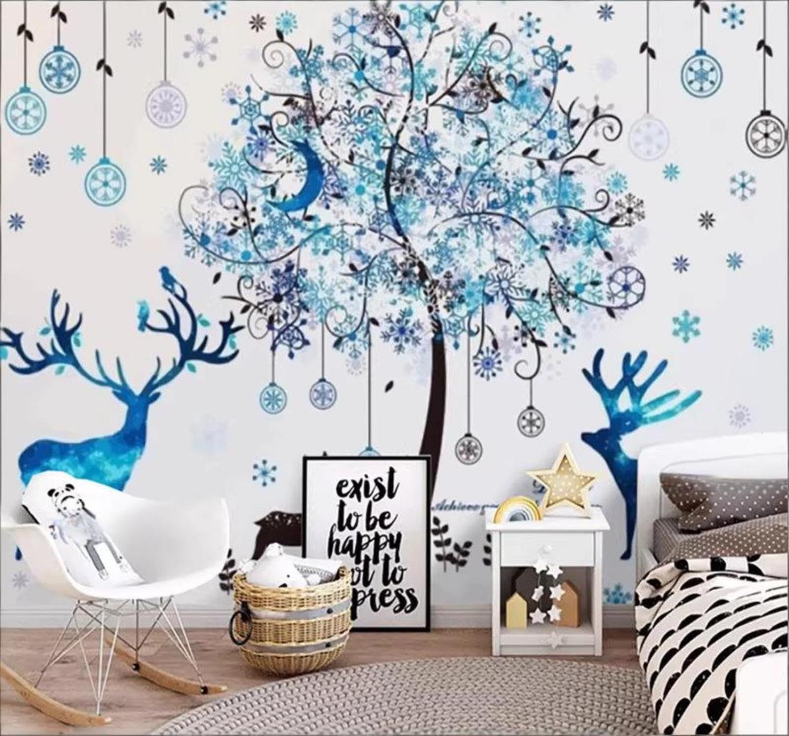 Creative Dreamy Blue Trees Reindeer 3D Wallpaper Easy Install Feature Office Living Room Sofa Bedroom TV Background Wall Decoration-200cm×140cm