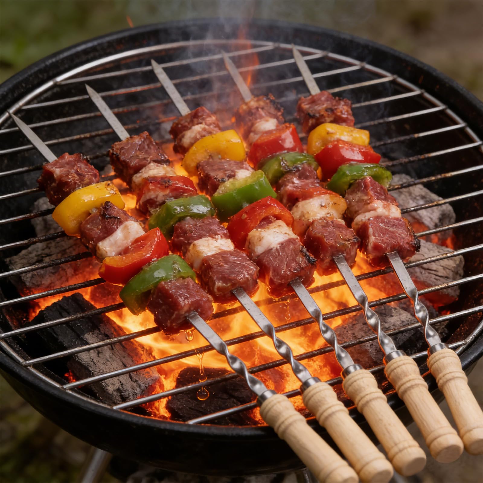 Spiedini per barbecue in acciaio inox, riutilizzabili, 10 spiedini per shish kebab in acciaio inox, piatti lunghi con manico in legno, per carne, verdure, kebab (55 cm di lunghezza)