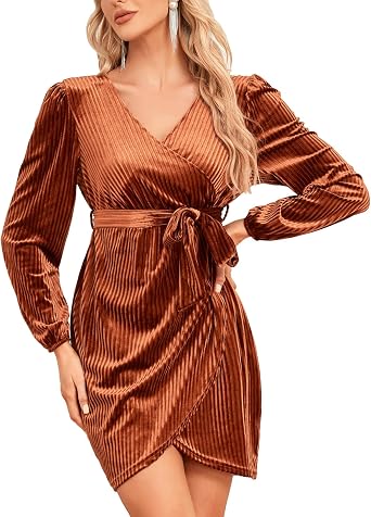 CYCLAMEN Womens Long Sleeve Wrap Ribbed Velvet Mini Dress Tie Waist V Neck Short Velvet Dress Formal Cocktail Sexy Party