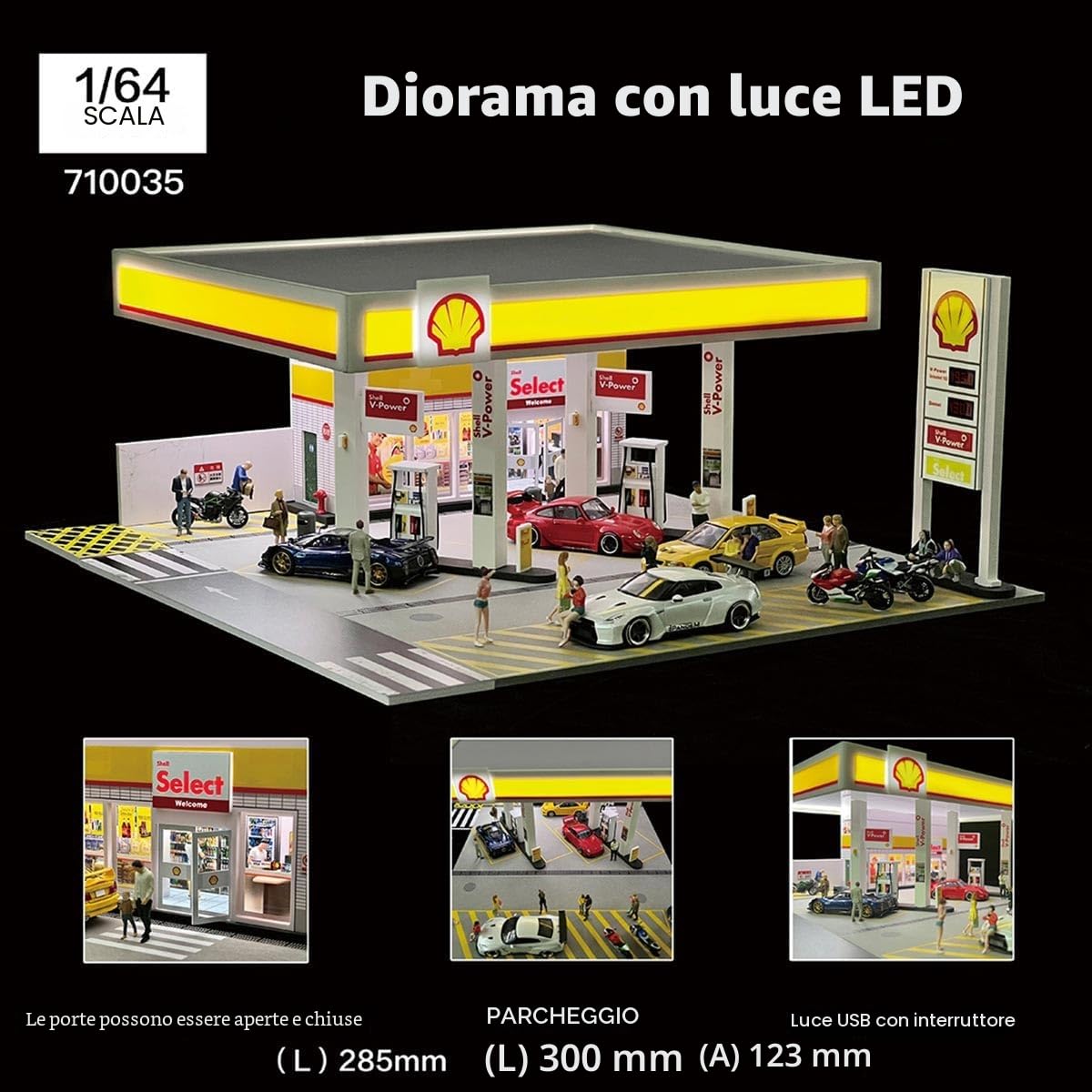 1:64 Shell Petrol Station Model Scene, edificio in miniatura con illuminazione e accessori, set di diorama realistico per auto e collezionisti di display