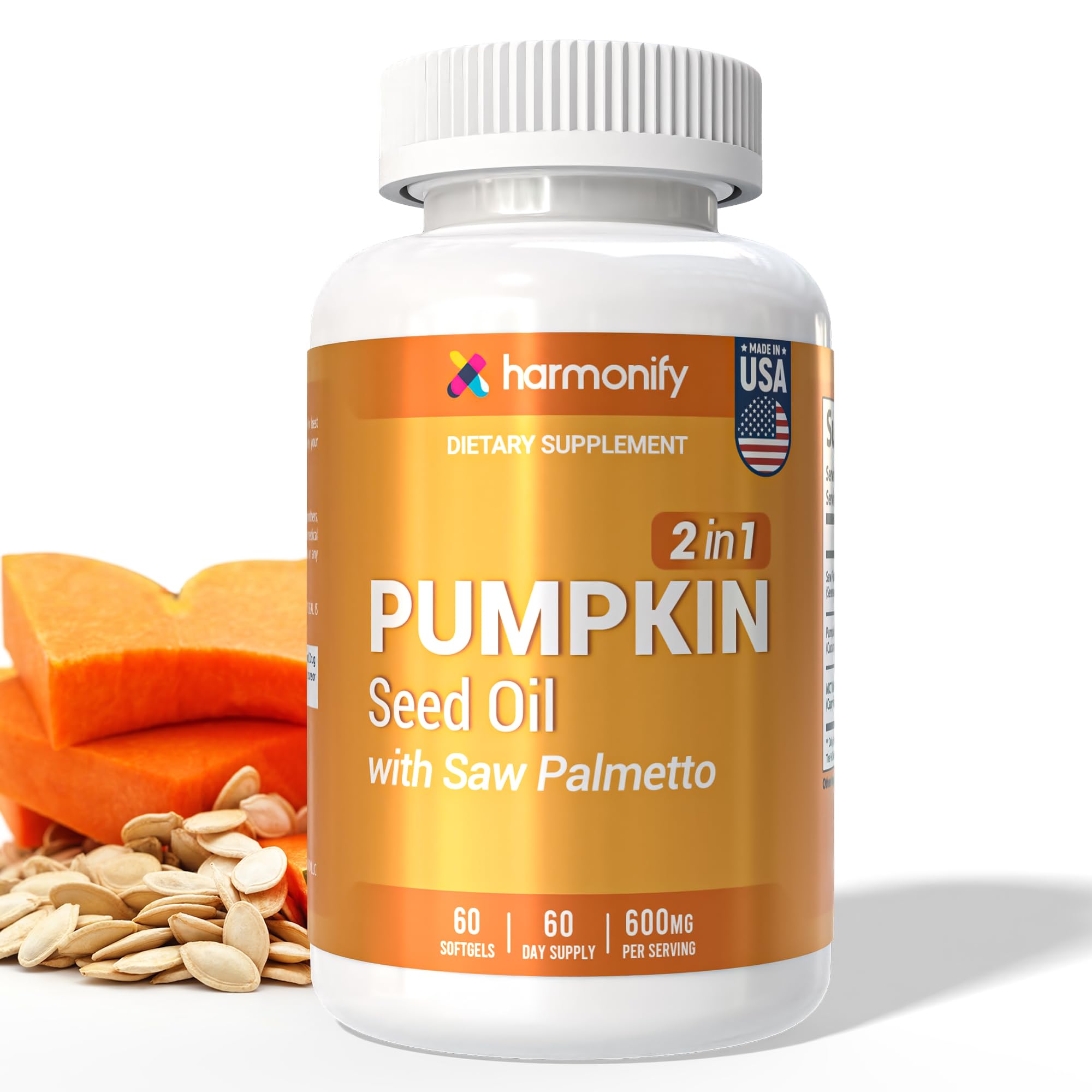 Pumpkin Seed Oil with Saw Palmetto Softgels, 2-in-1 Formula Herbal Supplement, Non-GMO & Gluten-Free, 60 Days Supply