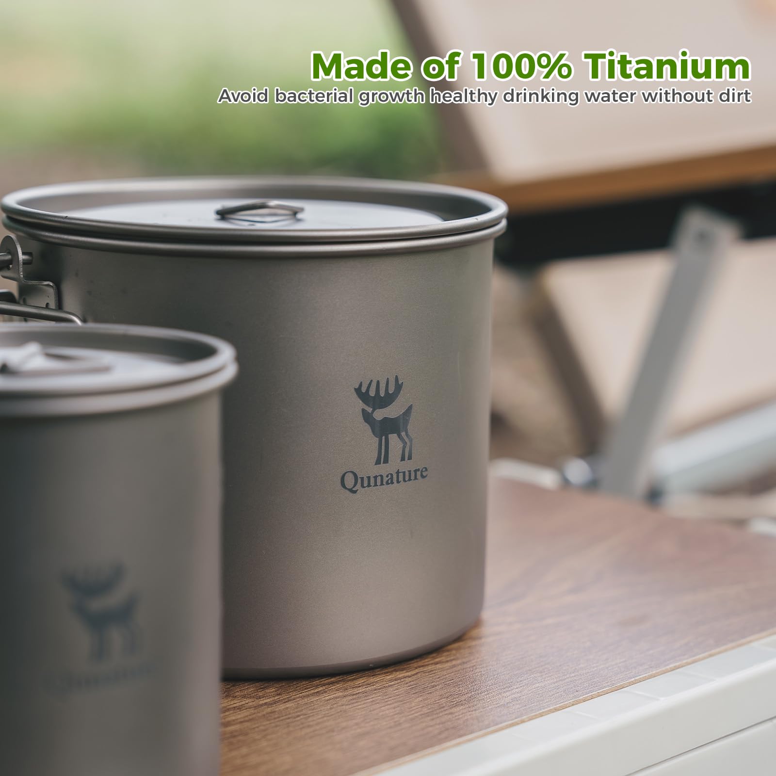 Kubek Tytanowy 1100ml z Pokrywką i Składanym Uchem, Ultralekki Kubek Turystyczny z Czystego Tytanu, Naczynie Biwakowe na Wodę Kawę Herbatę – Antybakteryjny, do Kempingu i Trekkingu