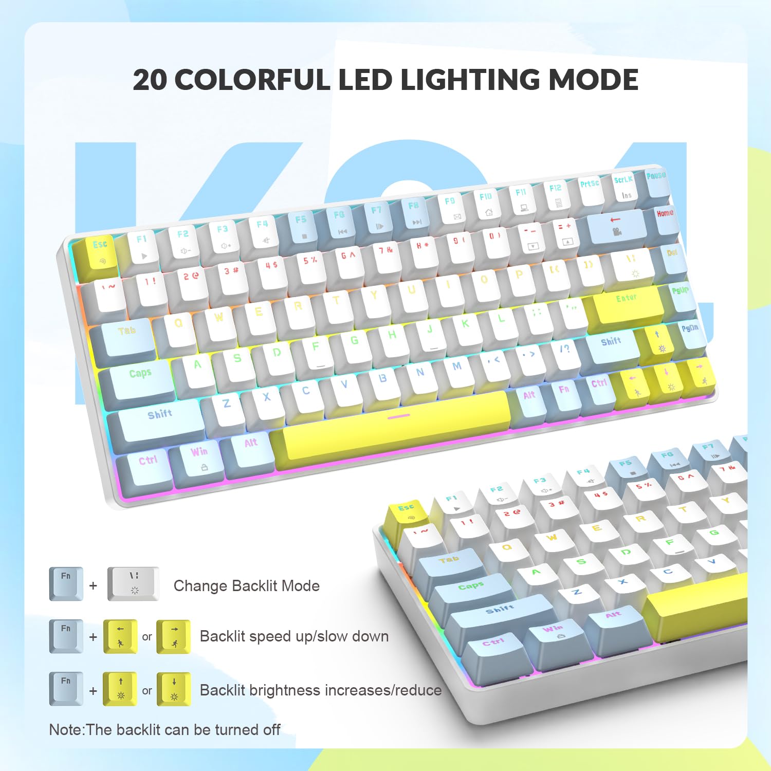 LexonElec RK-84 Tastiera meccanica portatile da gioco, retroilluminata a LED arcobaleno, compatta, 84 tasti, mini tastiera da ufficio cablata, con interruttore blu, per Windows, laptop, PC, Mac,