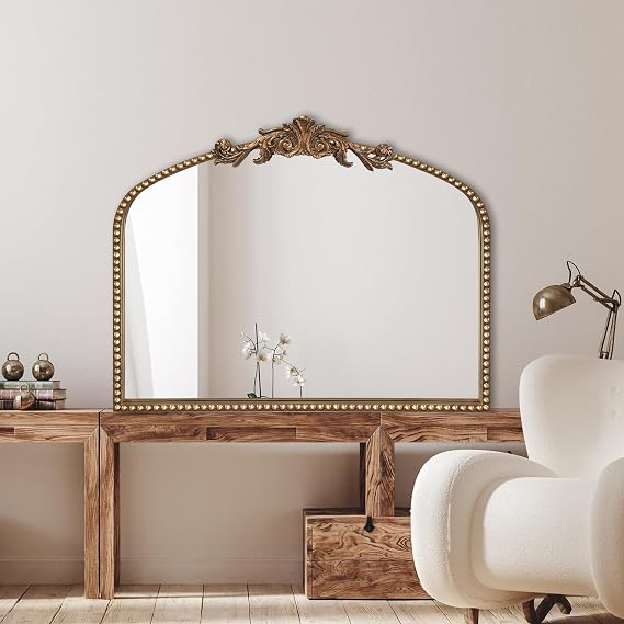 BAODANFU Baroque Arched Wall Mirror Entryway, Gold Vanity Mirror Decorative