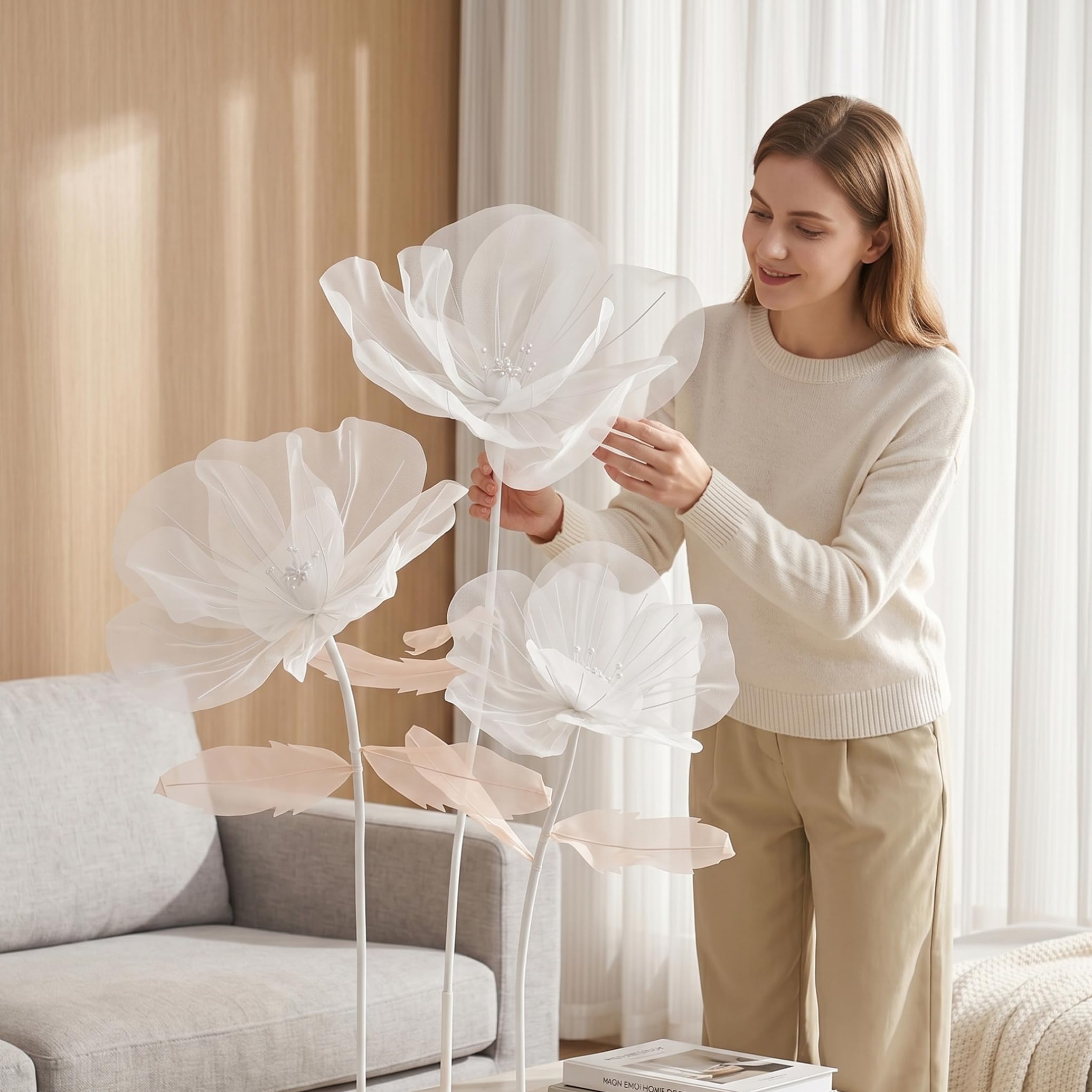 Grandi fiori di carta Fiore di organza gigante a 3 teste con supporto Decorazione di sfondo floreale per giardino Hotel Fotografia Puntelli Matrimonio Bianco
