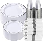 Goodluck 350 Piece Plastic Dinnerware Set for 50 Guests, Fancy Plastic Plates for Party, Dinnerware Set Include: 50 Dinner Plates, 50 Dessert Plates, 50 Pre Rolled Napkins with Silverware, 50 Cups