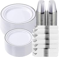 GoodLuck 350-Piece Silver Plastic Dinnerware Set for 50 Guests - Disposable Party Plates, Cups, Pre-Rolled Napkins & Silverware