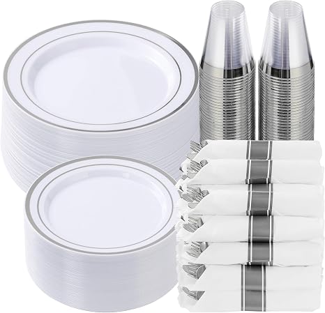 175 Piece Silver Plastic Dinnerware Set for 25 Guests, Fancy Disposable Plates for Party, Include: 25 Dinner Plates, 25 Dessert Plates, 25 Pre Rolled Napkins with Silver Silverware, 25 Cups